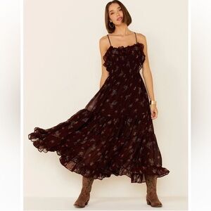 Free People Cloud Nine-Tiered Ruffle Cami Maxi Floral Dress Chiffon, Size XS